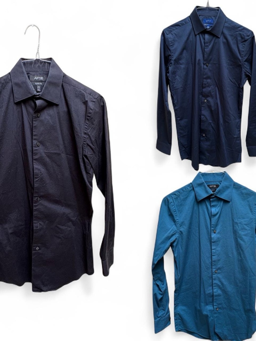 3x Apt. 9 Men's Button-Up Dress Shirts bundle in Black, navy, and Teal Blue